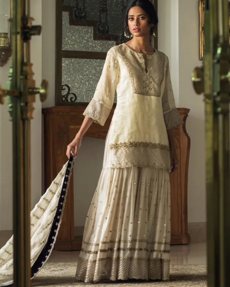 Tissue Chanderi Kurta With Mirror Work Gharara