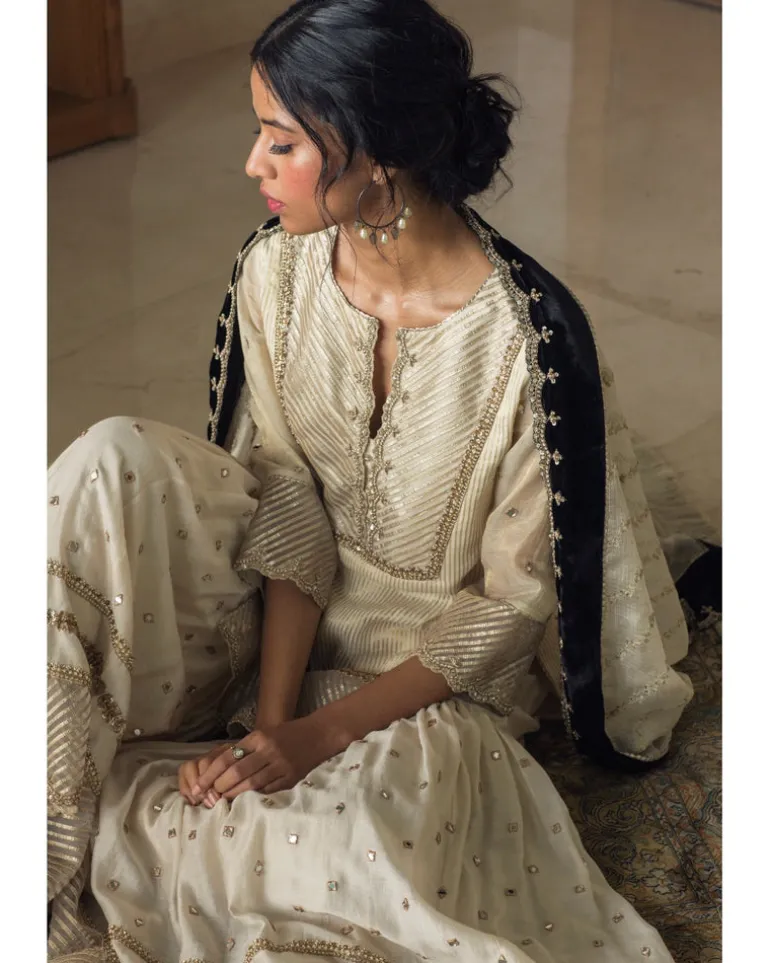 Tissue Chanderi Kurta With Mirror Work Gharara