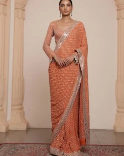 Toasted Orange And Rose Gold Sari Set