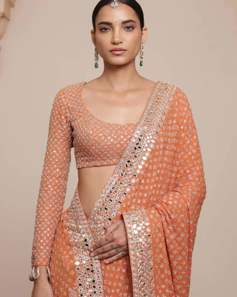 Toasted Orange And Rose Gold Sari Set