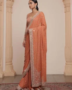 Toasted Orange And Rose Gold Sari Set