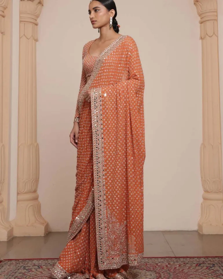 Toasted Orange And Rose Gold Sari Set