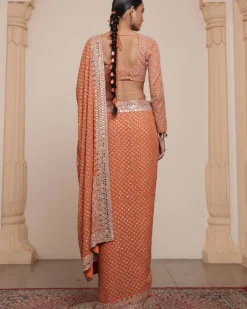 Toasted Orange And Rose Gold Sari Set