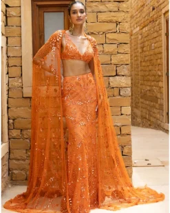 Toasted Orange Embroidered Cape Set