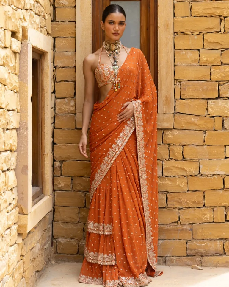 Toasted Orange Embroidered Tiered Sari Set