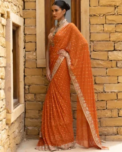 Toasted Orange Embroidered Tiered Sari Set