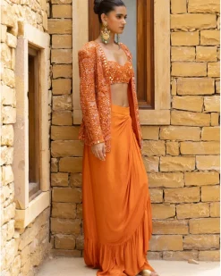 Toasted Orange Embroidered Jacket and Skirt Set
