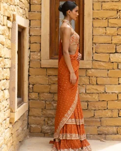 Toasted Orange Embroidered Tiered Sari Set