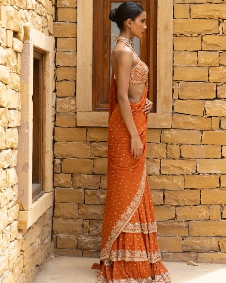 Toasted Orange Embroidered Tiered Sari Set