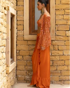 Toasted Orange Embroidered Jacket and Skirt Set