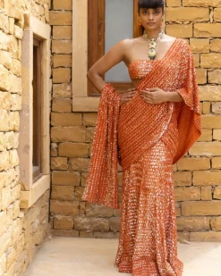 Toasted Orange Sequins Embroidered Sari Set