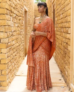 Toasted Orange Sequins Embroidered Sari Set