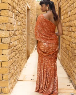 Toasted Orange Sequins Embroidered Sari Set