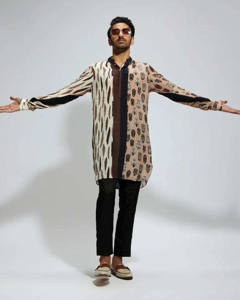 Tribal Mask And Feather Printed Kurta Set