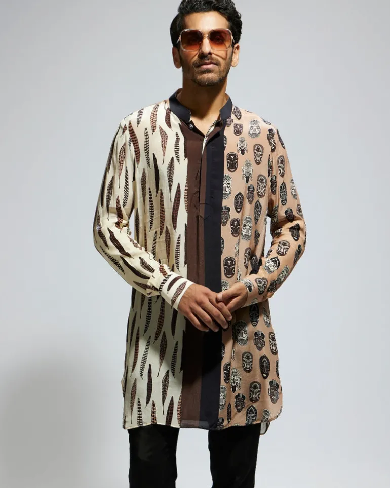 Tribal Mask And Feather Printed Kurta Set