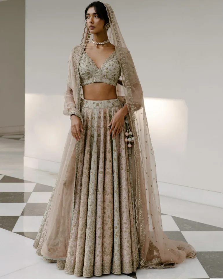 Tricolored Lehenga With Aari, Pearl & Dabka Work