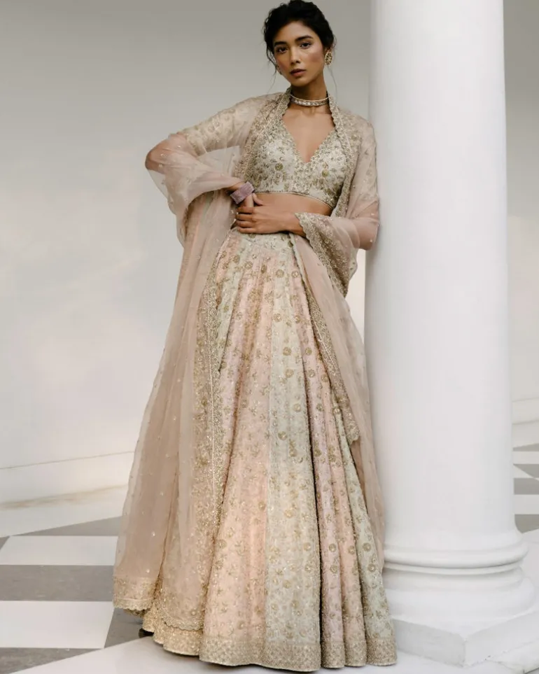 Tricolored Lehenga With Aari, Pearl & Dabka Work