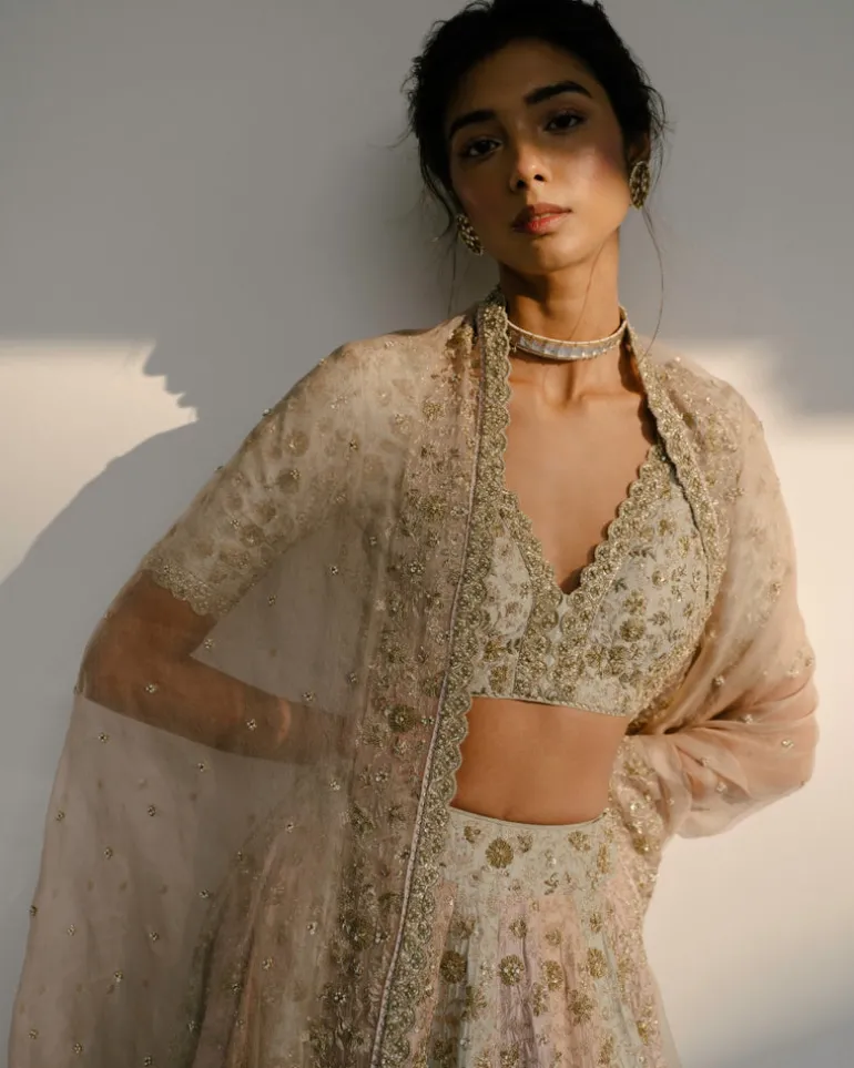 Tricolored Lehenga With Aari, Pearl & Dabka Work