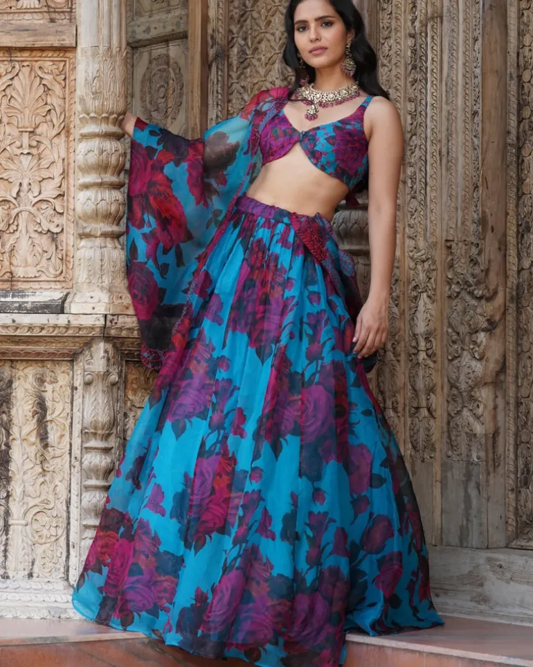 Turquoise Floral Lehenga Set