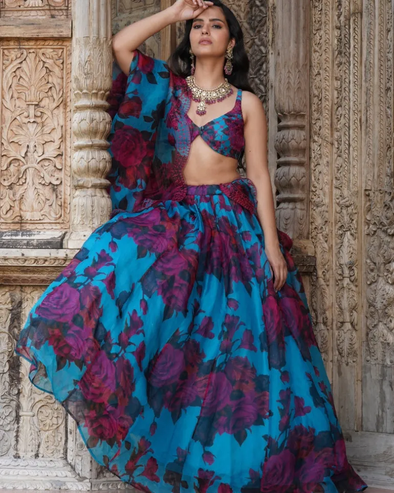Turquoise Floral Lehenga Set