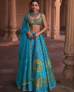 Turquoise Floral Print and Embroidered Lehenga Set