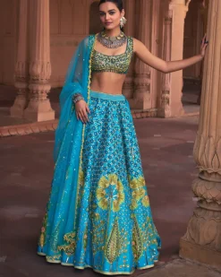 Turquoise Floral Print and Embroidered Lehenga Set