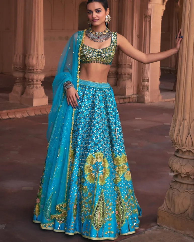 Turquoise Floral Print and Embroidered Lehenga Set