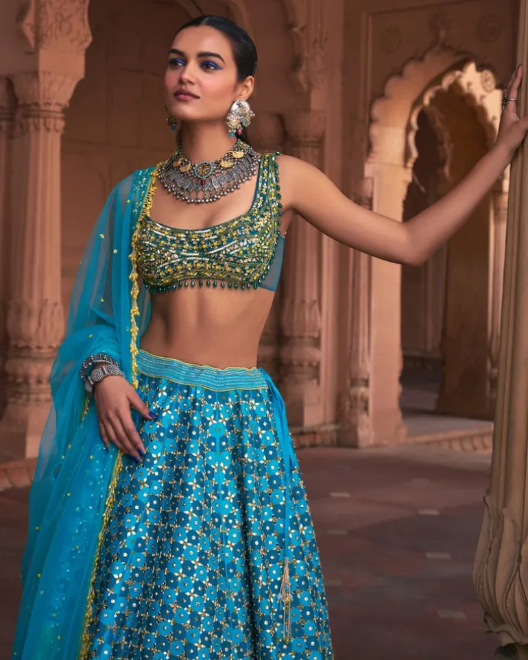 Turquoise Floral Print and Embroidered Lehenga Set