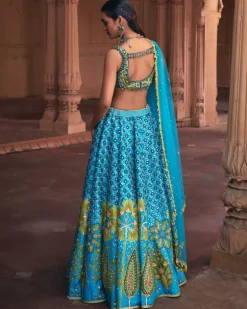 Turquoise Floral Print and Embroidered Lehenga Set