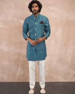Turquoise Inara Motif Foe Nehru Jacket Set