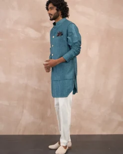 Turquoise Inara Motif Foe Nehru Jacket Set