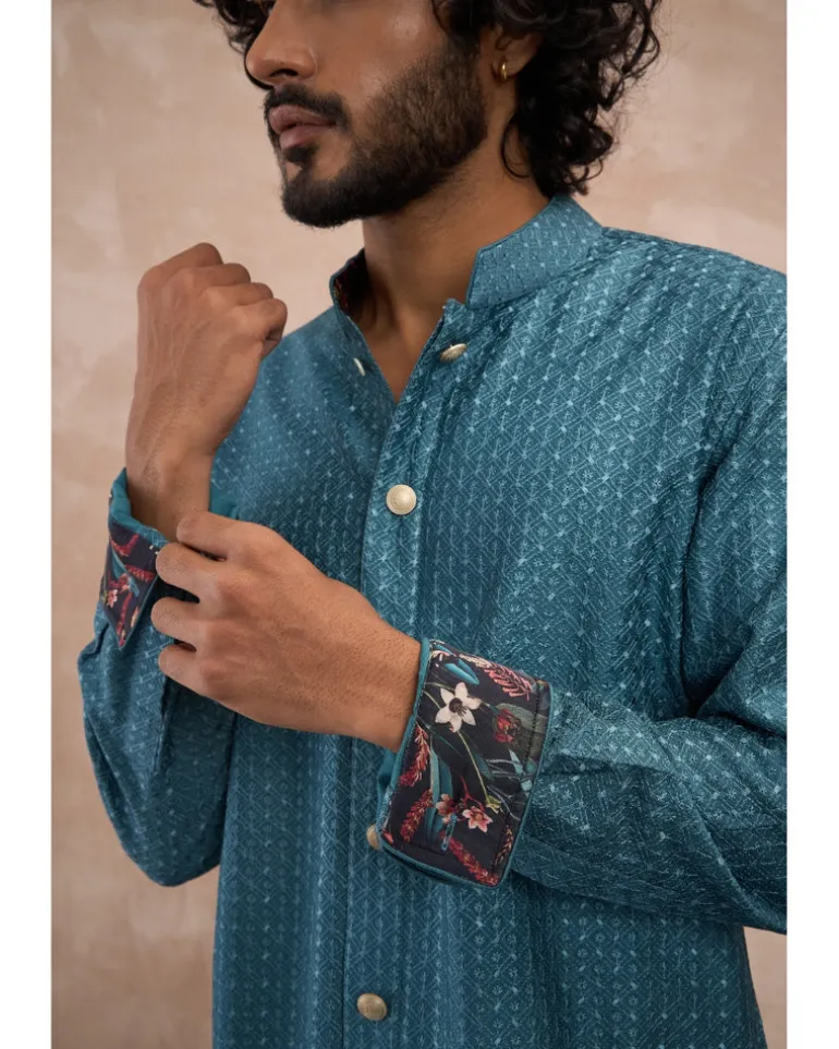 Turquoise Inara Motif Foe Nehru Jacket Set