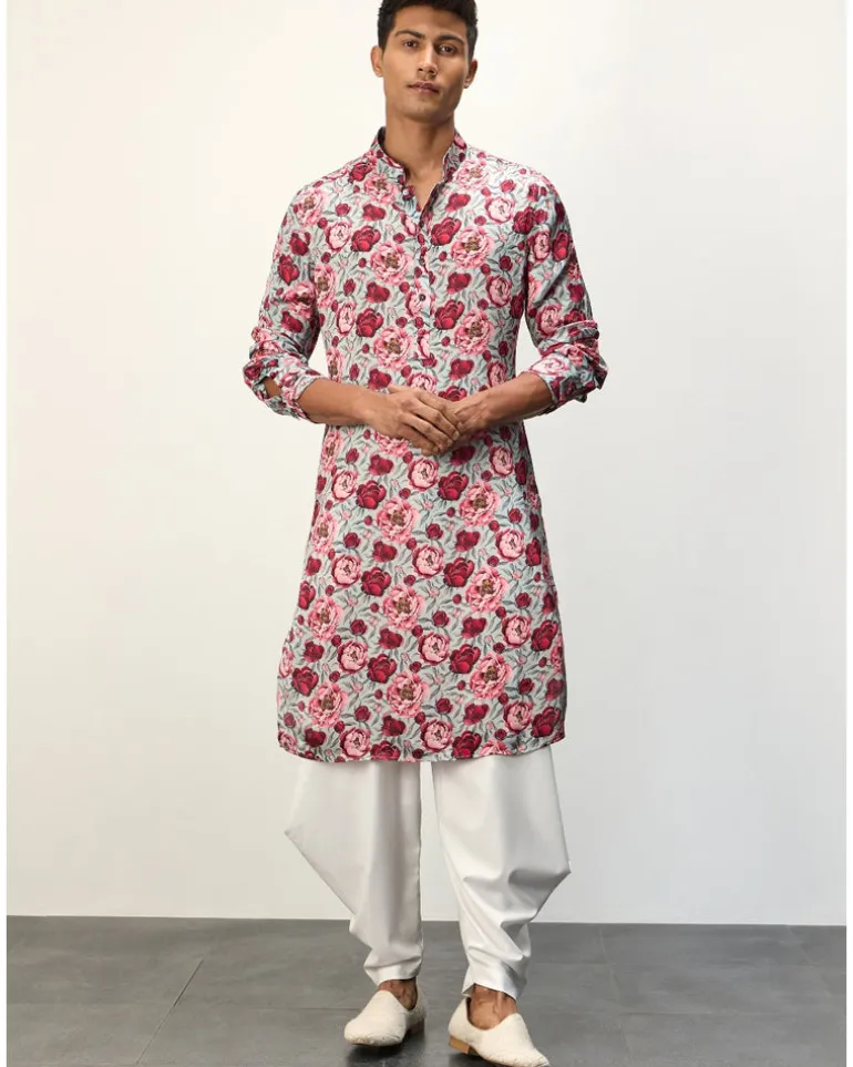 Turquoise Peonies Printed Kurta Set