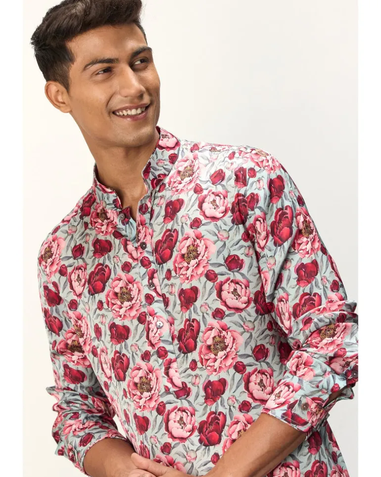 Turquoise Peonies Printed Kurta Set
