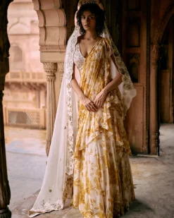 Tuscany Yellow Printed Floral Pre-Draped Sari Set