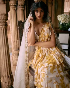 Tuscany Yellow Printed Floral Pre-Draped Sari Set
