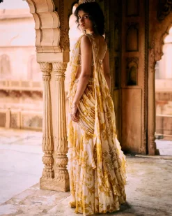 Tuscany Yellow Printed Floral Pre-Draped Sari Set