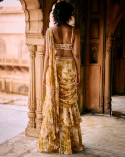 Tuscany Yellow Printed Floral Pre-Draped Sari Set