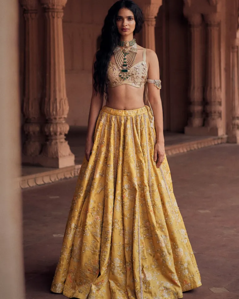 Tuscany Yellow Self Woven Jacquard Lehenga Set