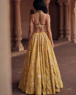 Tuscany Yellow Self Woven Jacquard Lehenga Set