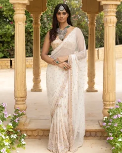 Vanilla Lavender Embroidered Sari Set