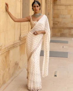 Vanilla Rosegold Embroidered Georgette Sari Set