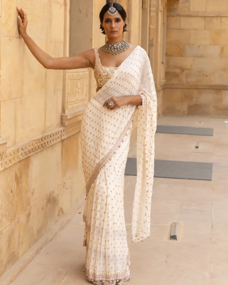 Vanilla Rosegold Embroidered Georgette Sari Set