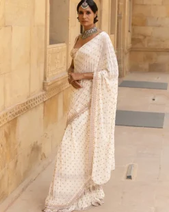 Vanilla Rosegold Embroidered Georgette Sari Set