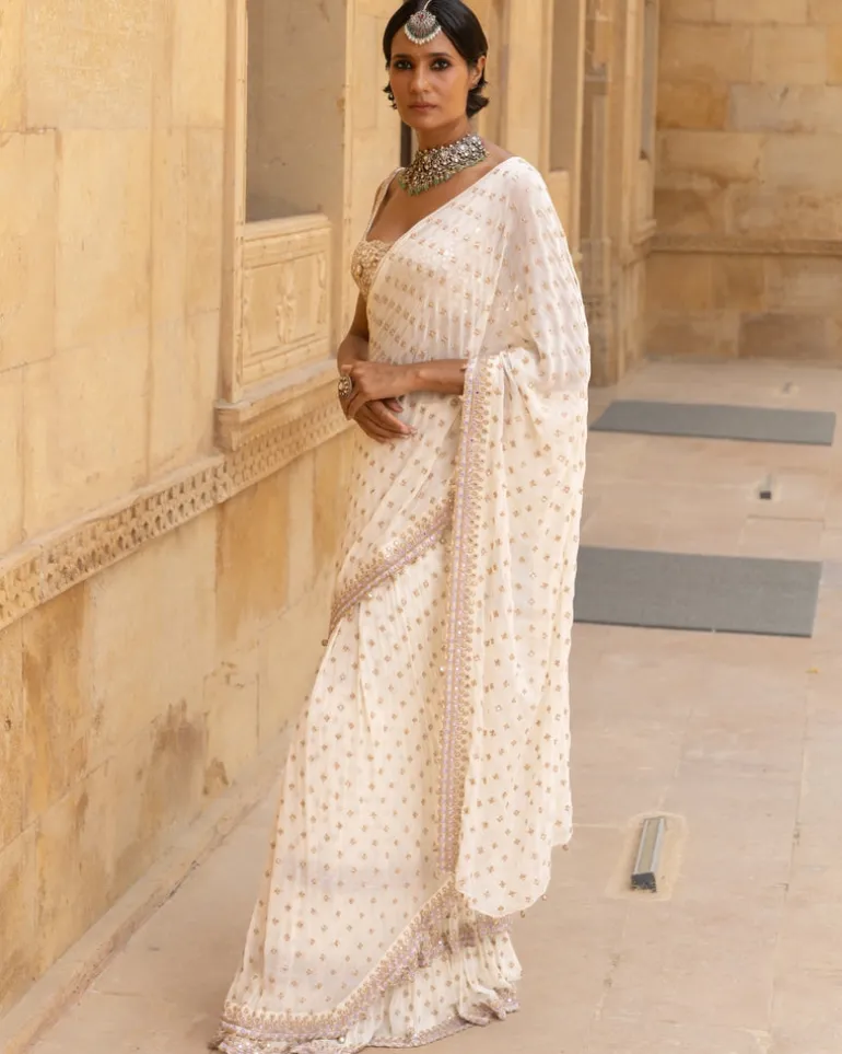 Vanilla Rosegold Embroidered Georgette Sari Set
