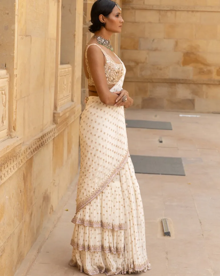 Vanilla Rosegold Embroidered Georgette Sari Set