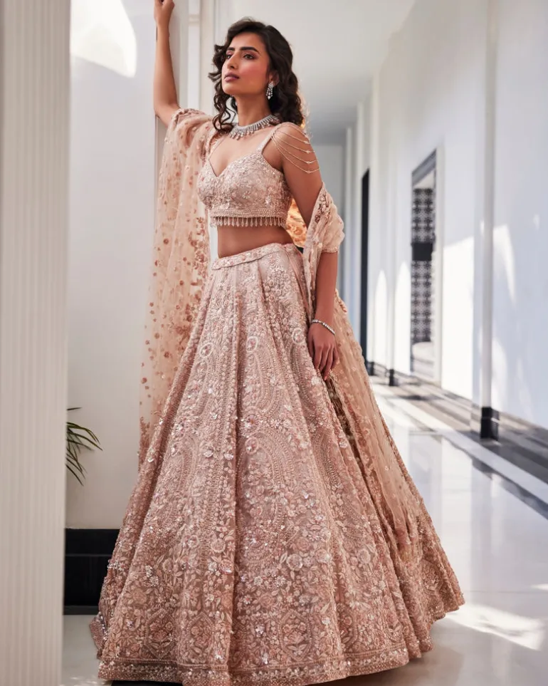 Veda Pink Embroidered Organza Lehenga Set