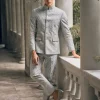 Vintage Blue Textured Printed & Embroidered Bandgala Set
