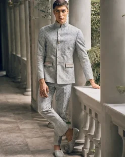 Vintage Blue Textured Printed & Embroidered Bandgala Set