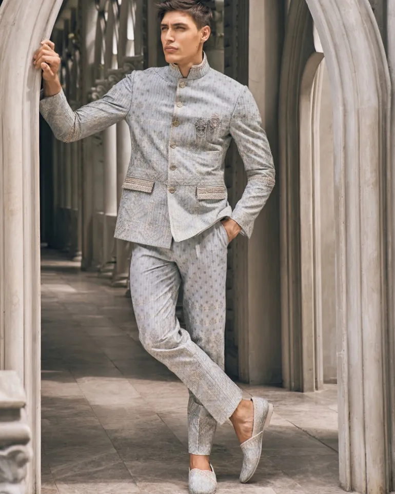 Vintage Blue Textured Printed & Embroidered Bandgala Set